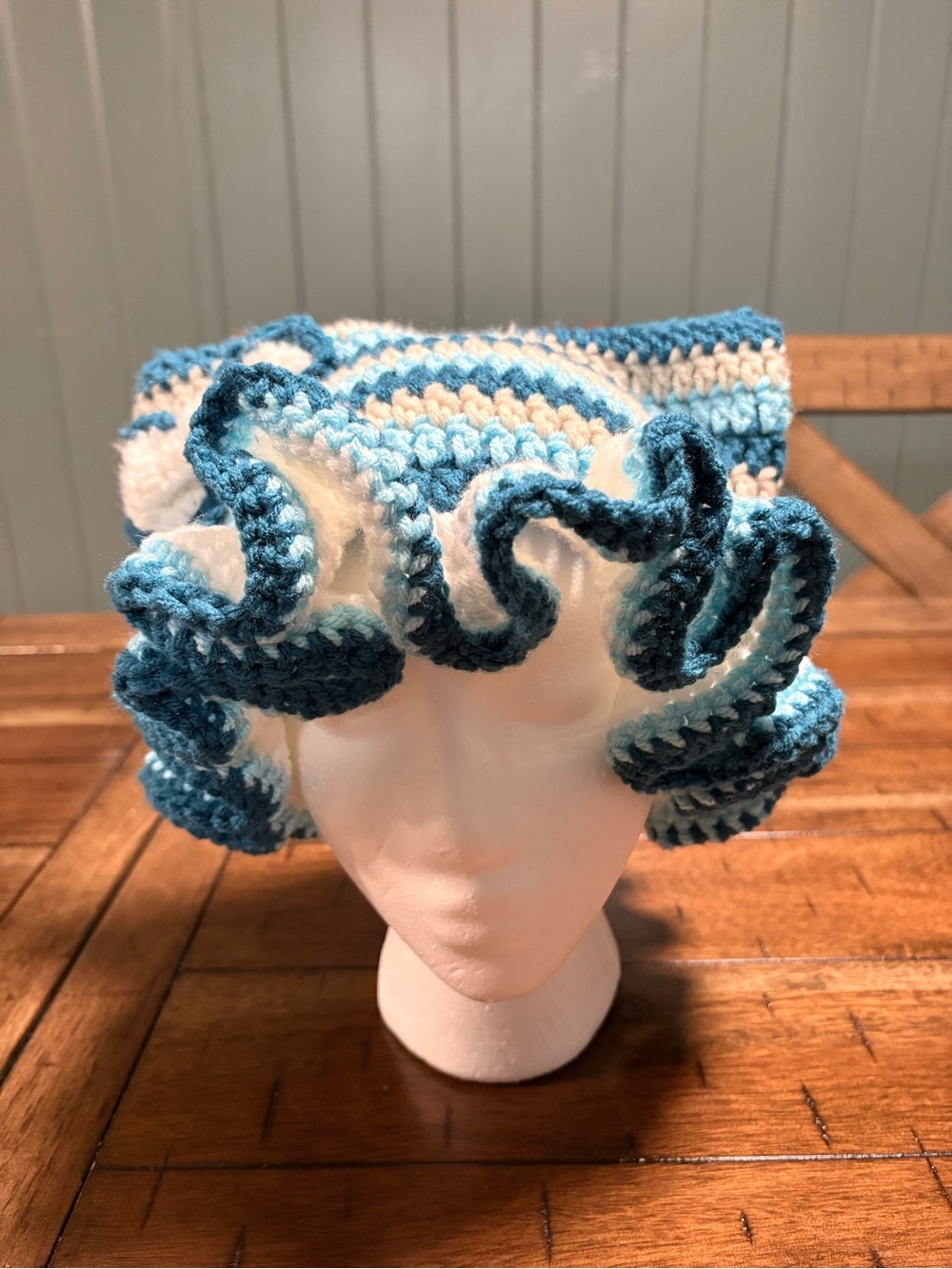 Handcrafted Ruffled Crochet in Blue, Cream, and White